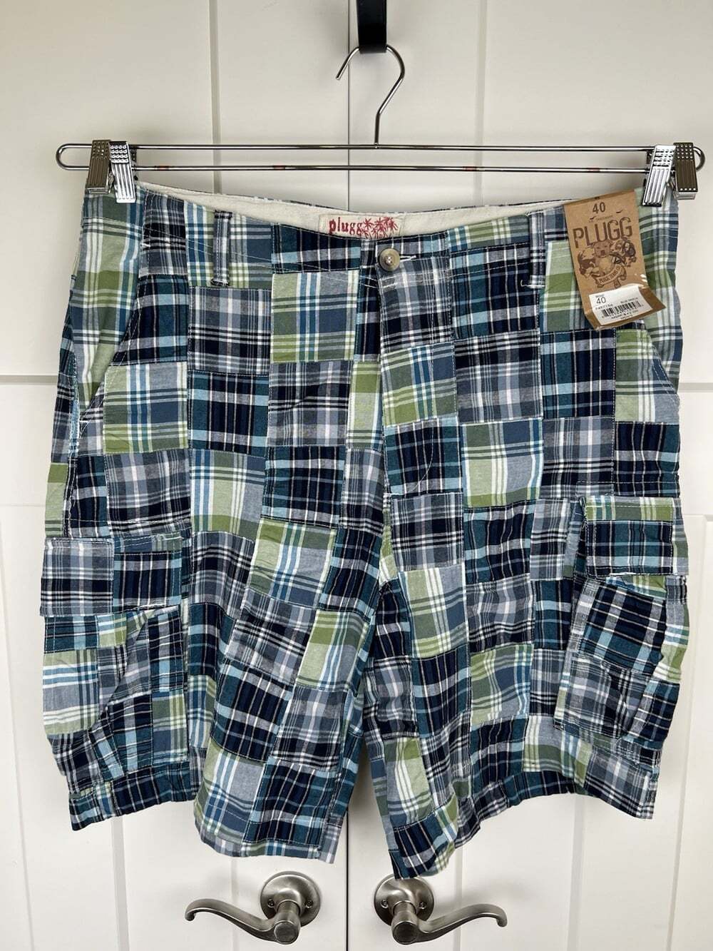 NWT Plugg Mens 40 Patchwork Madras Cargo Shorts Plaid Cotton Blue Green Y2K
